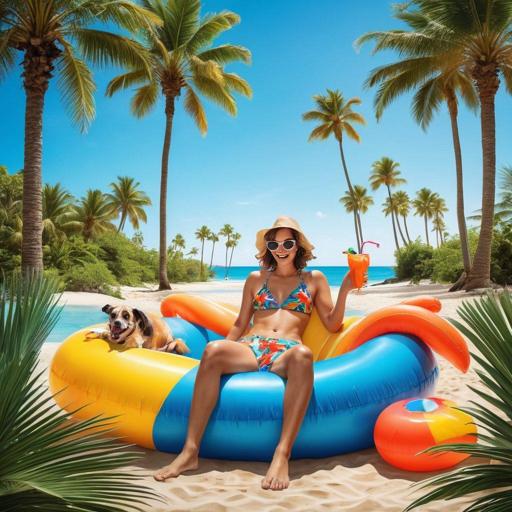 A vibrant beach scene filled with colorful, exaggerated beachwear designs, showcasing people in humorous poses, such as tripping over oversized floaties or struggling to fit into comically small swimsuits. Sunbathers laughing while sipping tropical drinks, a playful dog in swim trunks, and a background of palm trees and a bright blue sky. The overall atmosphere is filled with joy and laughter, catching the essence of summer fun. super-realistic. vibrant colors. sunny backdrop.