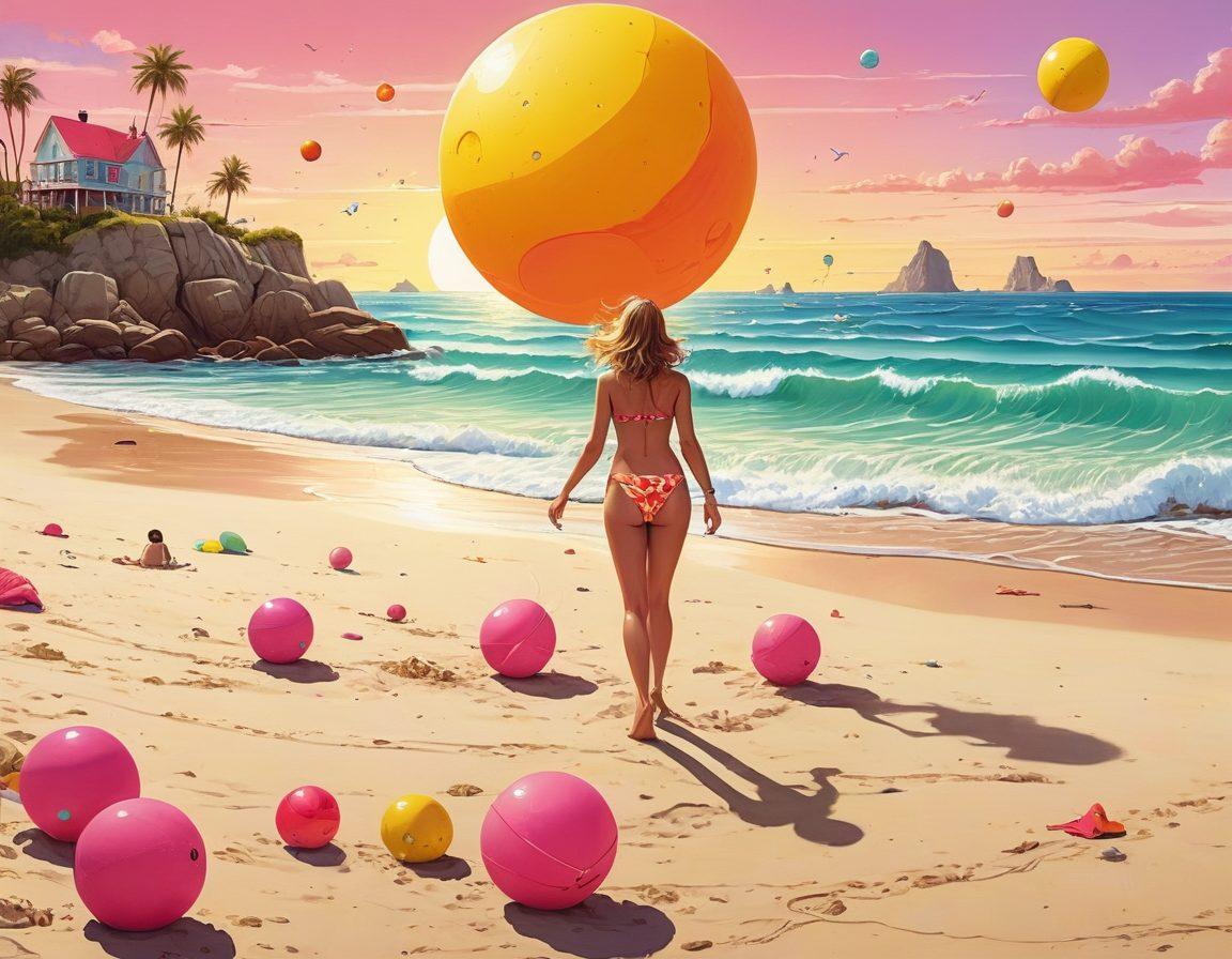 A whimsical scene featuring exaggerated and absurd bikini sketches, blending humor and satire, surrounded by playful cartoon-style characters laughing and enjoying themselves at the beach. Include vibrant colors like pinks and yellows, with a playful ocean backdrop and quirky sunbathers engaging in comedic activities. The style should resemble cartoon art with a touch of surrealism. vibrant colors. cartoon art. surrealism.