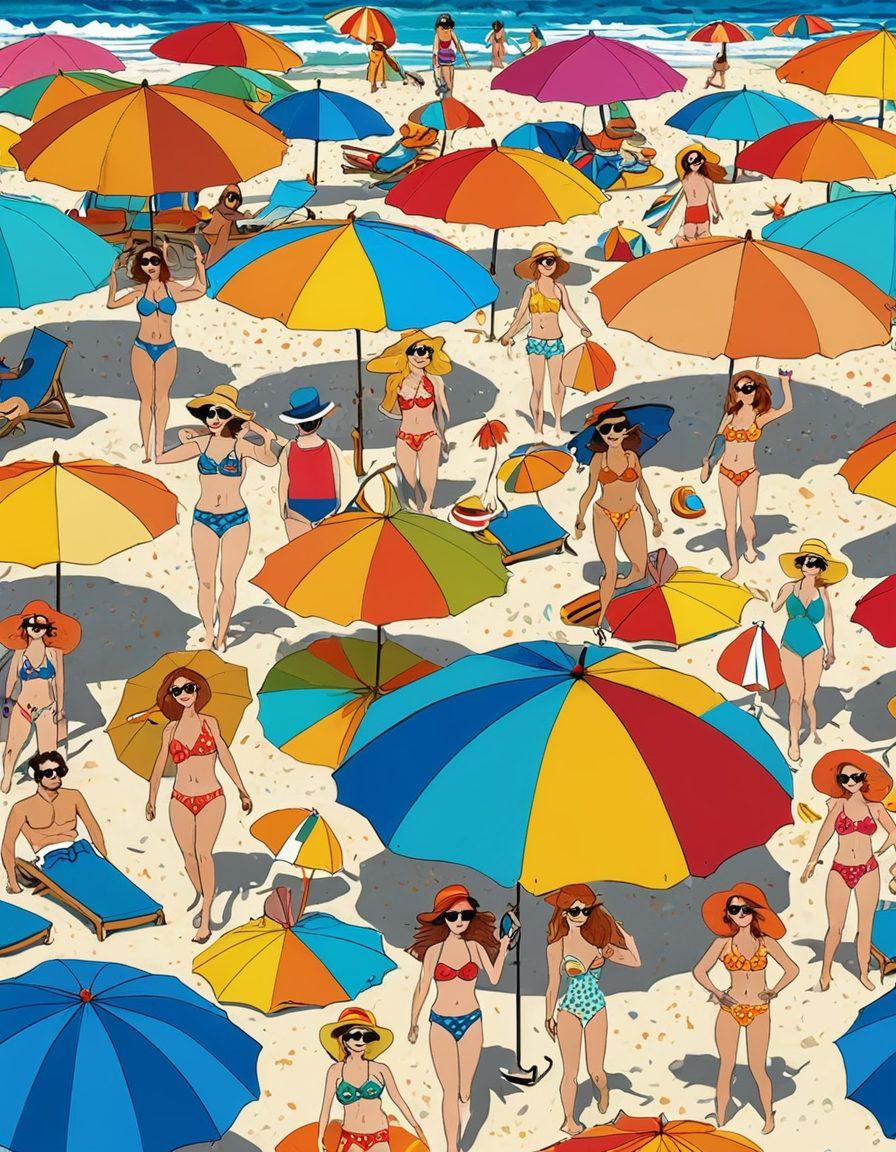 A vibrant beach scene bustling with laughter, showcasing exaggerated beachwear and witty bikini parodies. Capture cartoonish characters striking funny poses, with bright sun umbrellas and playful waves in the background. Include quirky beach accessories like oversized sunglasses and whimsical floats that enhance the humor. The atmosphere should feel light-hearted and joyful, radiating fun and silliness. cartoon style. bright colors. playful elements.